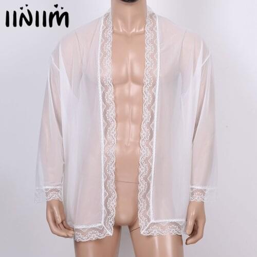 Exotic Tanks for Mens See-through Lace Trim Mesh Lingerie Cardigan Long Sleeve Nightwear Sleepwear for Party Evening Underwear