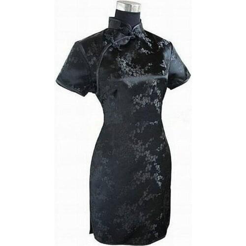 6XL Black Traditional Chinese Sexy Dress Mujer Vestido Womens Satin Qipao Mini Cheongsam Flower Plus Size