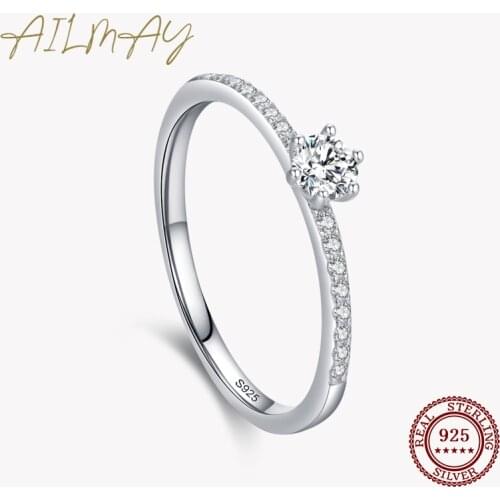 Ailmay Real 925 Sterling Silver Simple Sparkling Round Clear Zircon Ring For Women Classic Luxury Wedding Accessories Jewelry
