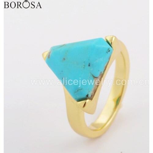 BOROSA 5/10PCS Ring Size 4.5~6.0 Triangle Shape Gild Faceted Natural Turquoises Open Ring Blue Stones Women Rings Gifts ZG0402