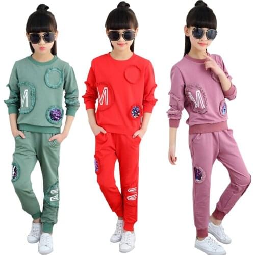 Teen Girls Clothes Set Children Clothing Spring Sequin Long Sleeve Tops+Pants 2 PCS Kids Tracksuit Girls Sports Suits 4 -12 Year