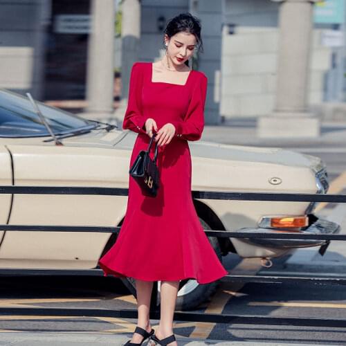 Red Evening Dresses Dress Mermaid Square collar Formal Gown Long sleeve Prom Party Dresses spring Autumn Fashion Dress