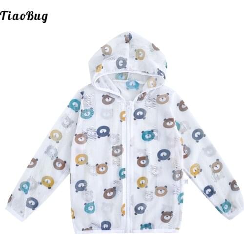 Summer Kids Girls Boys Breathable Rashguard Hooded Hoodie Long Sleeves Front Zipper Closure Cartoon Outdoor Sun Protection
