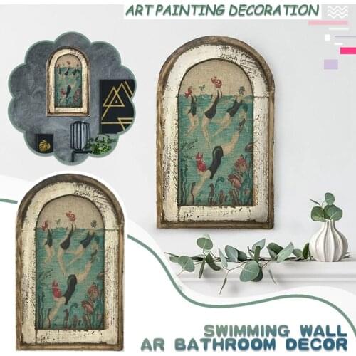 Swimming Wall Art Bathroom Decor Wooden Mural Painting Fairy Wall Decorations for Bathroom Living Room Outdoor Garden