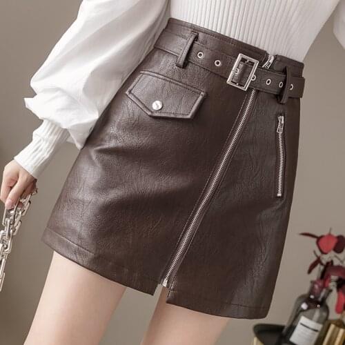 2021 New Autumn High Waist Women Mini Skirts With Belt Zipper Fashion Formal Work Wear Leather office A-line Black Skirt