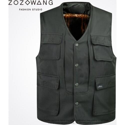Zozowang 2019 new solid casual v neck single breasted multiple pockets winter vest men fashion keep warm brushed waist coat men