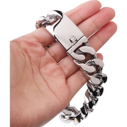 New Arrive 20MM Stainless Steel Silver Color Cuban Curb Link Chain Mens Wristband Bracelet 9inch Polished Jewelry Cool Bucke