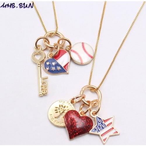 MHS.SUN Forth July Kids Girls Charming Pendant Long Chain Necklace Cute Heart Star Baseball Pendant Necklace Child Jewelry 1Pcs