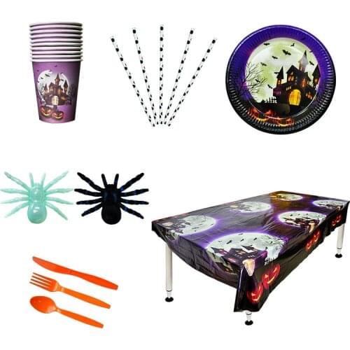 Halloween Disposable Tableware Balloon Bloody Banner Plates Cups Topper Dinnerware Kids Party Decoration Indoor Outdoor Supplies