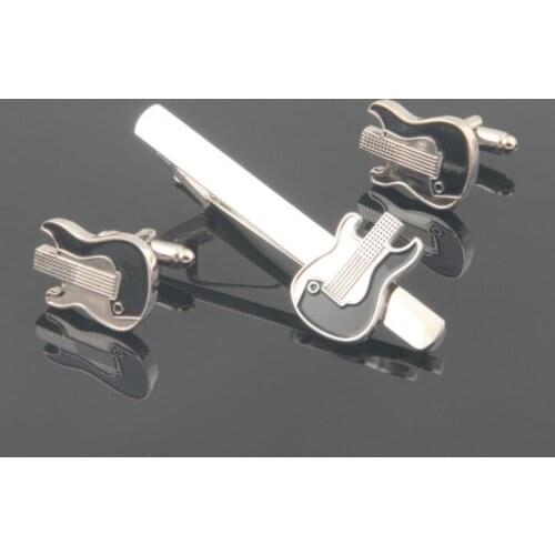 WholeSale 10Sets/lot brass Guitar cufflinks+ tie clip Sets Black Musical Cuff link + Tieclip Set Copper High Quality