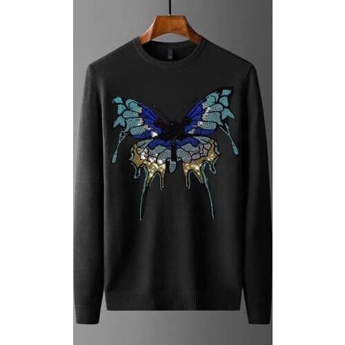 Autumn Mens Sweaters Comfortable Warm Knitted Fabrics Plus Size Exquisite Hot Diamond Rhinestone Design O-Neck Blouse Pullover