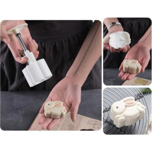 P15D 50g Mooncake Barrel Mold with 3D Rabbit Stamp Hand Press Moon Cake Pastry Mould