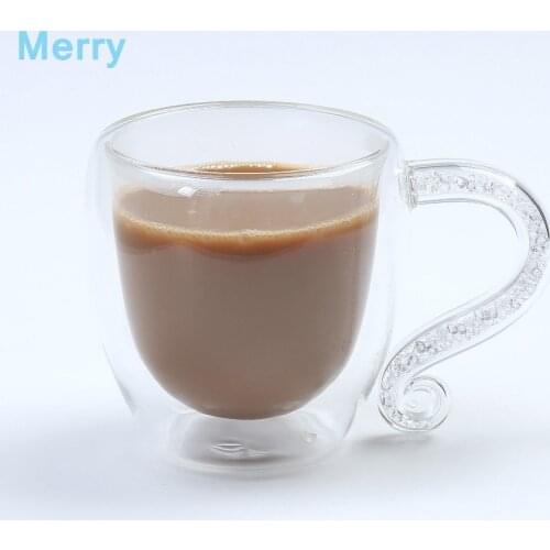 Personalized Etched Crystal Glass Coffee Mugs Double Wall Milk Tea Cup with Acrylic Rhinestones Filled Handgrip Mothers Gift F2