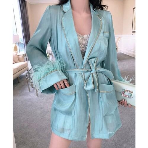 Luxurious Light Green Feather Dress Women Elegant Long Sleeve Turn-down Collar Shirt Mini Women Dress Sexy Lace Up Blazer Dress