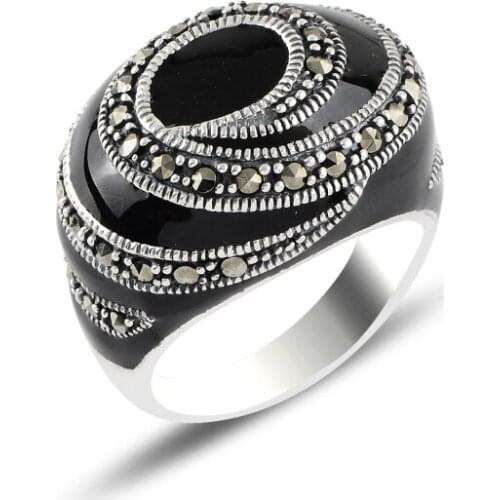 Silver 925 Sterling Enamel & Marcasite Ring
