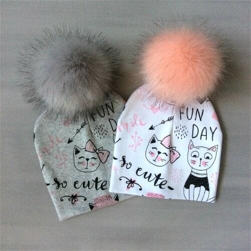 Baby Girl Hat With Pompon Cartoon Printing Cotton Hat For Girls Childrens Autumn Winter Caps Kids Bonnet
