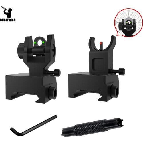 Bugleman Fiber Optical Sights Flip Up Front & Rear Iron Sight with Dual Front Sight Adjustment Tool Fit Picatinny Weaver Rail