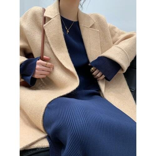 High-end twill ladys suit collar mid-length double-sided cashmere coat woolen coat Korean version 21 new