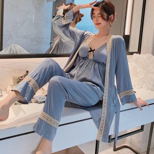 Women Satin Pajamas Suit V-Neck Lace Sleepwear Summer New 3PCS Nightwear Intimate Lingerie Pijamas Sleep Set Home Clothing