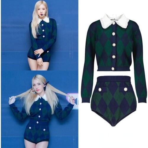 Kpop korea Celebrity ROSE Jazz Dance Women Plaid Lapel Cardigan Sweater Coat + Slim Knitted Elastic Shorts Women Two-Piece Suit
