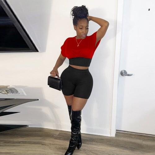 Young Energetic Color Block Spliced Two Piece Sweatsuit Women Short Sleeve Waist Shaped Crop Top Biker Shorts Casualware Outfit