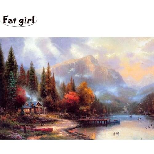 5D DIY Diamond Paintings Rural lake natural scenery Square Drill Embroidery Cross Stitch Mosaic autumn Beautiful Landscape