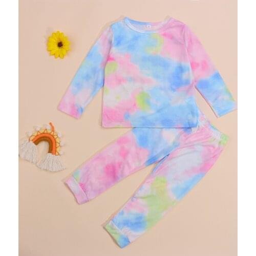 2 Pieces Kids Suit Set Tie-Dyed Round Neck Long Sleeve Pullover+Elastic Waist Long Pants for Toddler Girls 1-7 Years
