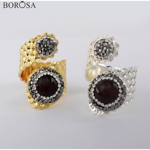 BOROSA Natural Stone Ring in Gold Color Cubic Zirconia Rings Couple Rings Red Agates Rhinestone Ring Jewelry for Women JAB978