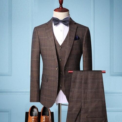 Gentleman Fashion Plaid Slim Fit Men Suit Business Formal Casual men suit 3 pcs set Terno Masculino Groom Wedding dress Tuxedo