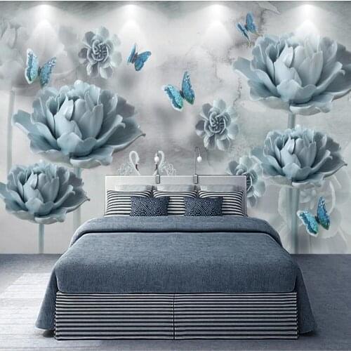 Custom 3D wallpaper mural romantic and elegant Swan Lake color butterfly embossed flowers 3D background wall decoration wallpape