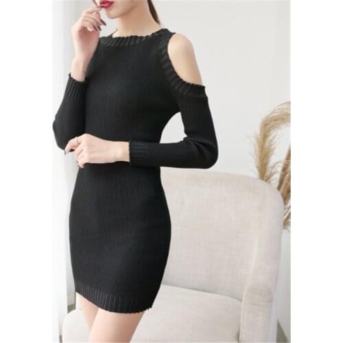 Autumn Winter New Style Sweater Womens Round Neck Solid Color Long-sleeved Cold Shoulder Knit Sweater Causal Top Slim Fit Sexy