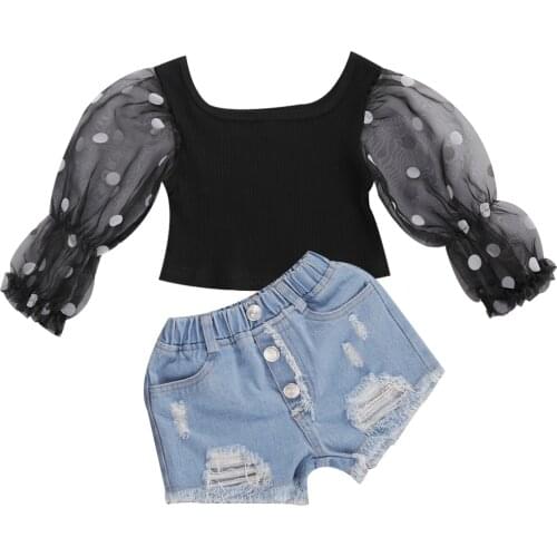 1-6Y Fashion Kids Baby Girl Clothes Sets Polka Dot Mesh Puff Sleeve Crop Tops+Holes Denim Shorts 2Pcs Newborn Baby Girl Outfits
