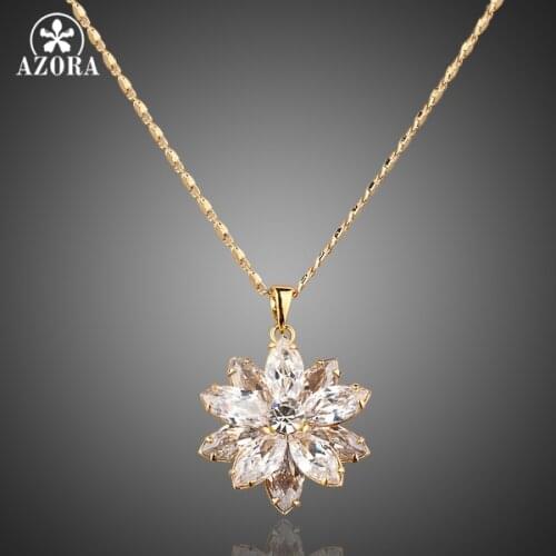 AZORA Sunflow Design Gold Color Gold Stellux Austrian Crystals Paved Pendant Necklace TN0003