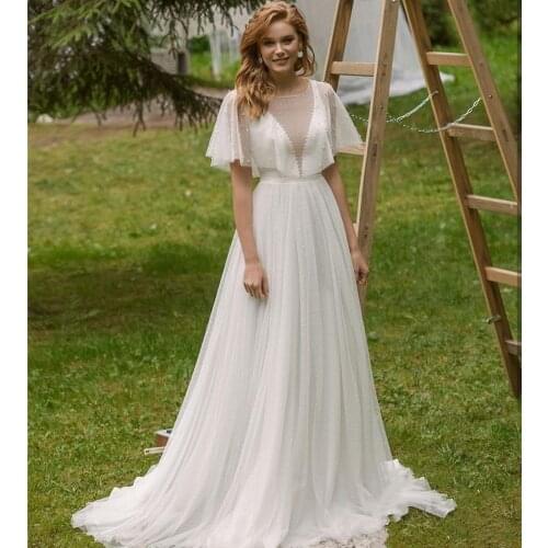 Bohemian Wedding Dress Polka-Dot A-Line O-Neck Short Sleeve Lace Beads Pearls Button Floor Length Sweep Train Bride Gown New