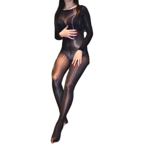 Transparent Oil Glossy Glitter Bodystocking Sexy Hot Erotic Lingerie One Piece Long Sleeve Open Crotch Bodysuit Porno Body Suit