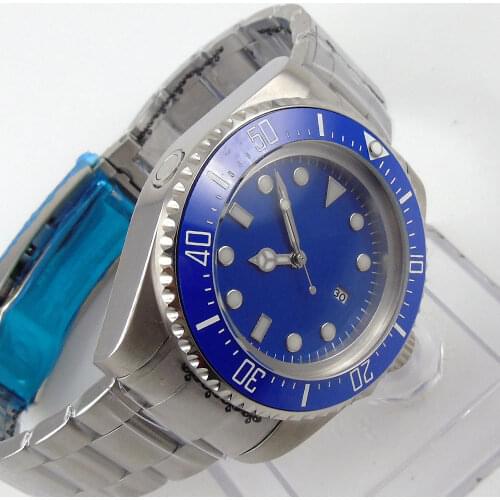 Japan MIYOTA Automatic Male Wristwatch Ceramic Bezel Insert Date 44mm Blue Sterile Dial Luminous Deployment