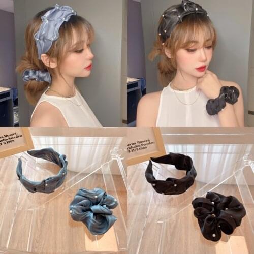 Korean jewelry ~ blue sweet pearl satin pleated headband net red 2021 new Korean version of age reduction headband