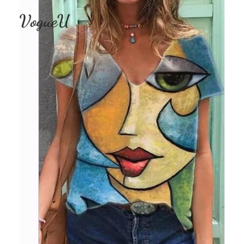 Vintage V Neck Tops Womens Summer Casual Abstract Character Print T Shirt Female Streetwear Short Sleeve Clothes Commute Tees