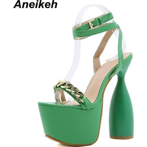 Aneikeh Summer Metal Chain Women Sandals 2021 NEW Shoes Fashion PU Peep Toe 17.5CM Round Heels Buckle Strap Wedding Party Pumps