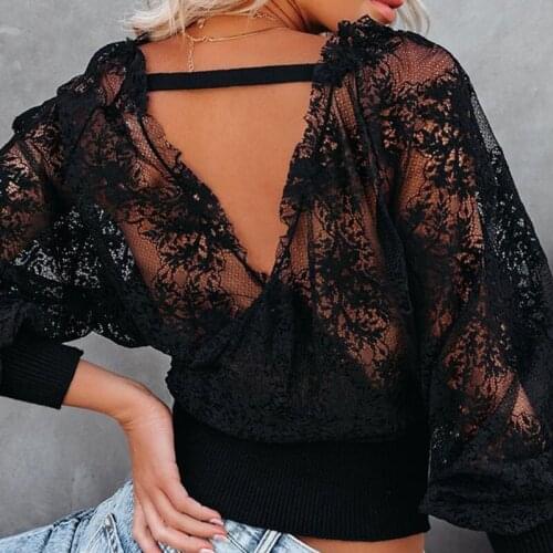 Womens Top Autumn Solid Color Mesh Patchwork Lace T-Shirts V-Neck Backless Long Sleeve T Shirt Femme Y2K Ropa Mujer Kawaii Tops