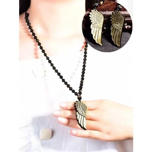 Golden Obsidian Angel Wing Jade Necklace Pendant Hand Carved Angel Wings Lucky Amulet for Men and Women