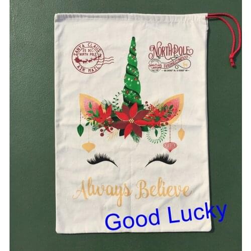 100pcs/lot high quality new style monogram personalize unicorn santa sack Christmas santa gift bags Always Believe santa sacks