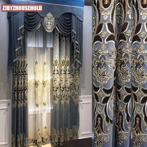 2021 European Style Curtain Chenille Embroidered Hollow Curtain Finished Custom Blackout Curtains for Living Dining Room Bedroom
