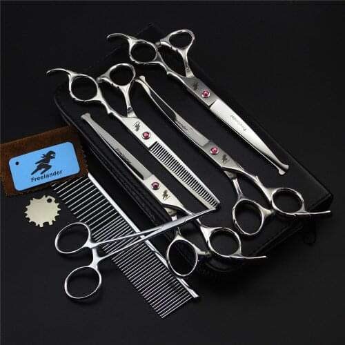Professional Pet Scissors 7.0 inch Dog Grooming Scissors Set Straight Curved Thinning Hair Cutting Shears with Safety Round Tips