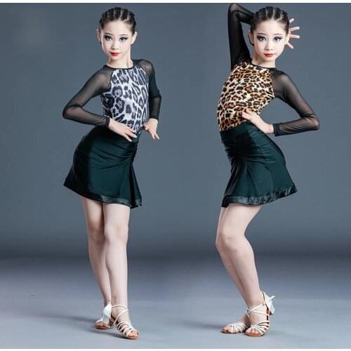 2021 New Children Latin Dance Dress Long Sleeve Leopard Print Top Skirts Suit Competition Performance Costumes Dance Wear