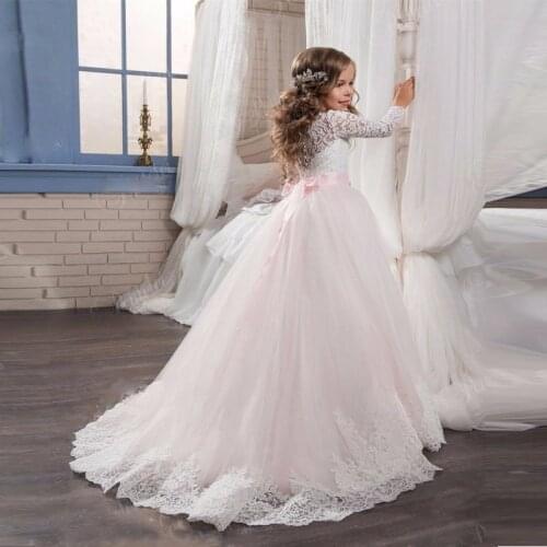 Elegant Pink Sash Tulle and Lace Long Sleeve Flower Girl Dresses Kids First Communion for Party Tutu Princess Gown