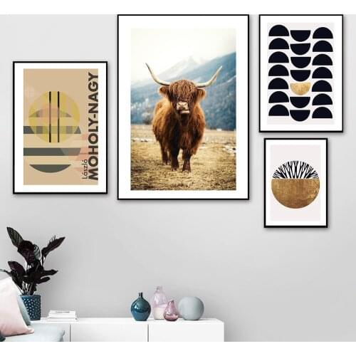 Highland Cow Landscape Canvas Print Abstract Gold Poster Geometric Gallery Wall Art Painting Picture Modern Home Decoration