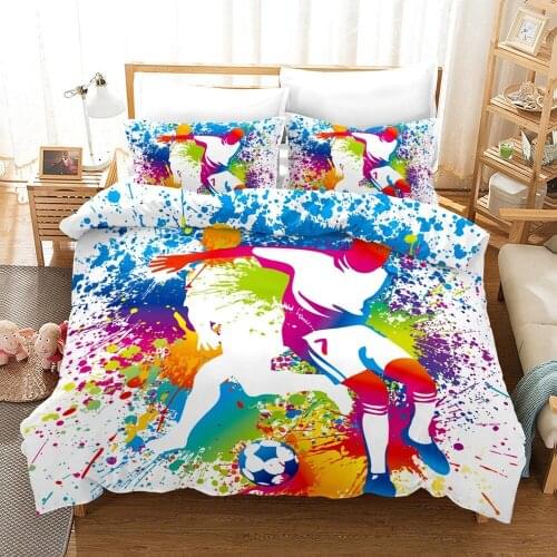 Bedding Set Soccer Proffesional Player Kicks Ball Watercolor Style Spray Teen Boy Room Duvet Cover Set 3pcs with Pillowcase