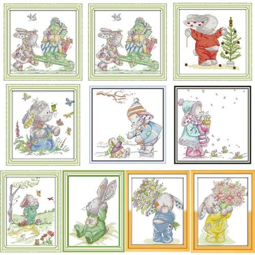 Patch Rabbit Series Cross Stitch Kits Aida 14CT 11CT Counted Embroidery Set DIY Cartoon Animal Pattern Needlework Fabric Crafts