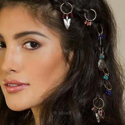 7/8 Pcs/set Retro Coin Colorful Beads Pendant Charms Rings Set Hair Clip Headband Accessories for Pierced Braid #251265